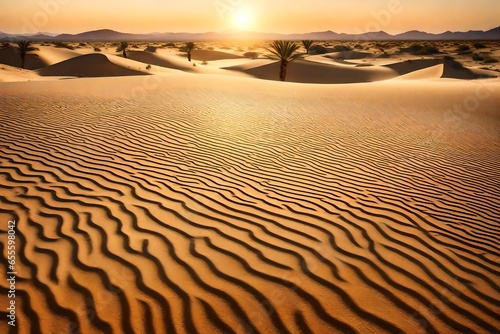 A wide desert landscape with sand dunes that reach the sky and the odd oasis is illuminated by the hot sun. 