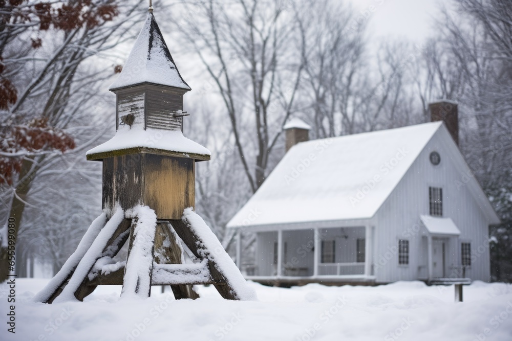 a church bell in a snowy background, winter greenery around a church bell in a snowy background, winter greenery around