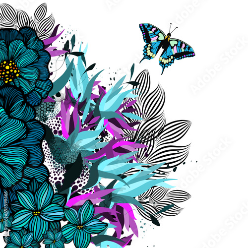 Floral abstraction with blue graphic flowers. hand drawing. Not AI, Illustrat3. Vector illustration