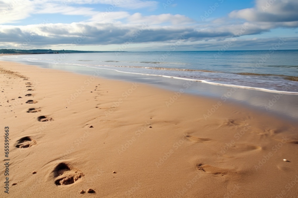 wet footprints on a sandy beach leading to sea