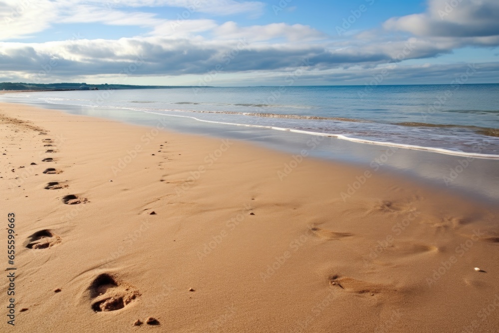 wet footprints on a sandy beach leading to sea wet footprints on a sandy beach leading to sea