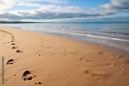 wet footprints on a sandy beach leading to sea