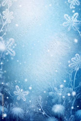 Beautiful abstract winter christmas background with snowflakes and plants in hoarfrost