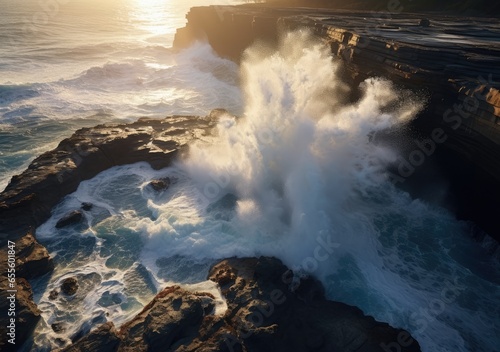 Aerial view of rocky coastline. Waves hitting in rocks. Birds eye view of the sea  cinimatic sea and moutain view. AI Generative.