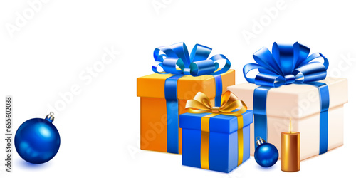 Holiday illustration with bunch of colored gift boxes with ribbons and bows, several burning candles and Christmas ball on white background