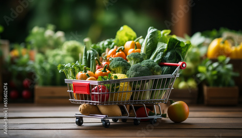 Variety of fresh vegetables in a shopping cart. Grocery delivery concept