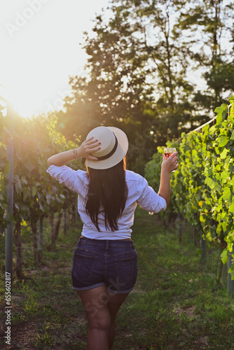 Young beautiful Smiling  italian woman walking at wineyard with a Glass of Red wine.Wine tourism at Tuscany,Italy © Striker777