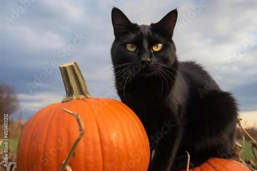 a black cat atop an orange pumpkin in an open field