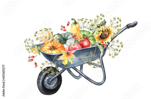 Watercolor garden wheelbarrow with harvest of pumpkins and apples, isolated on white background