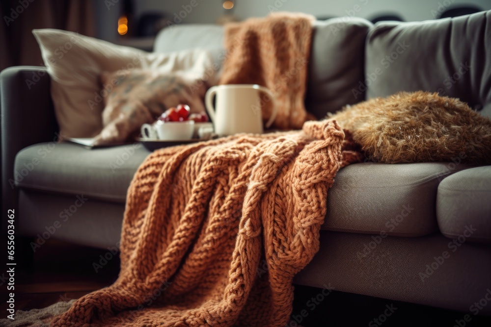 soft textured knitted blanket with cozy slippers on a couch - obrazy, fototapety, plakaty 