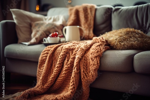 soft textured knitted blanket with cozy slippers on a couch