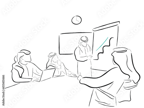 arab people meeting in office line art. line art vector of arab business people. Arabian culture line art.