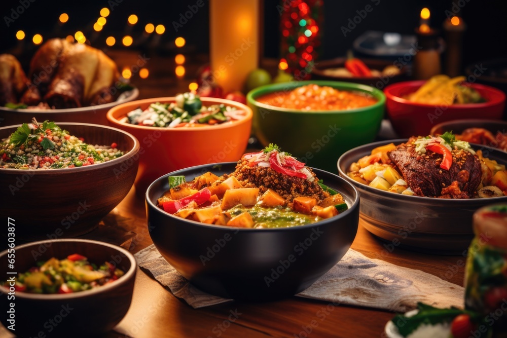 craft bowls filled with traditional kwanzaa food and decorations - obrazy, fototapety, plakaty 