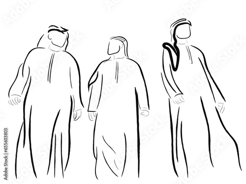 silhouettes of arabian people. line art vector of arab business people. Arabian culture line art.