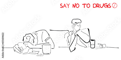 Drug abuse vector art. Friends and colleagues partying and abusing drugs. Anti drug awareness art.