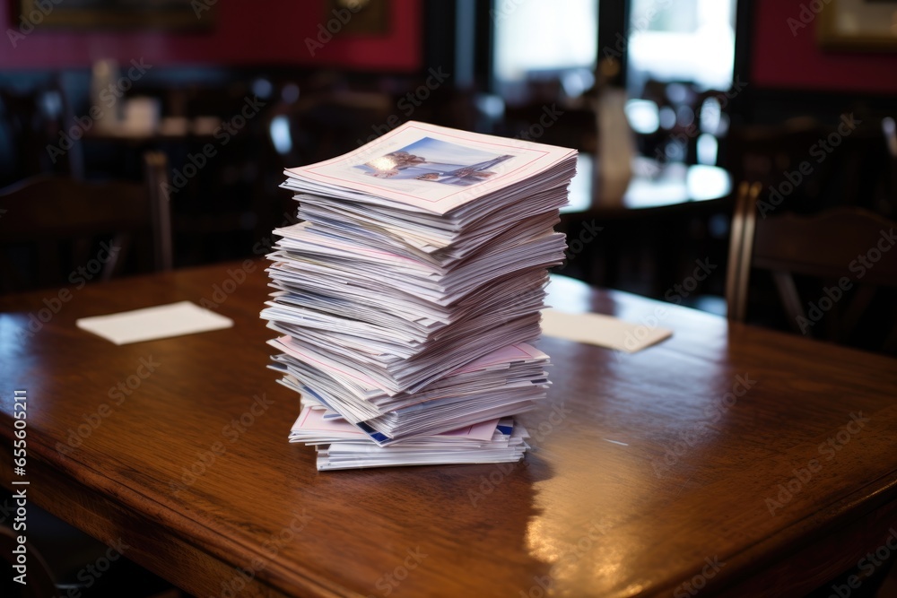 stack of pamphlets positioned on a guest table stack of pamphlets positioned on a guest table