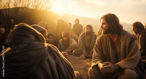 Jesus talks to his disciples about God and religion - theme biblical images, Jesus Christ and faith.
