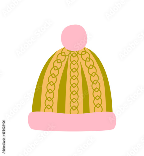 Winter knitted hat with braid pattern and pompon. Cold season clothing.