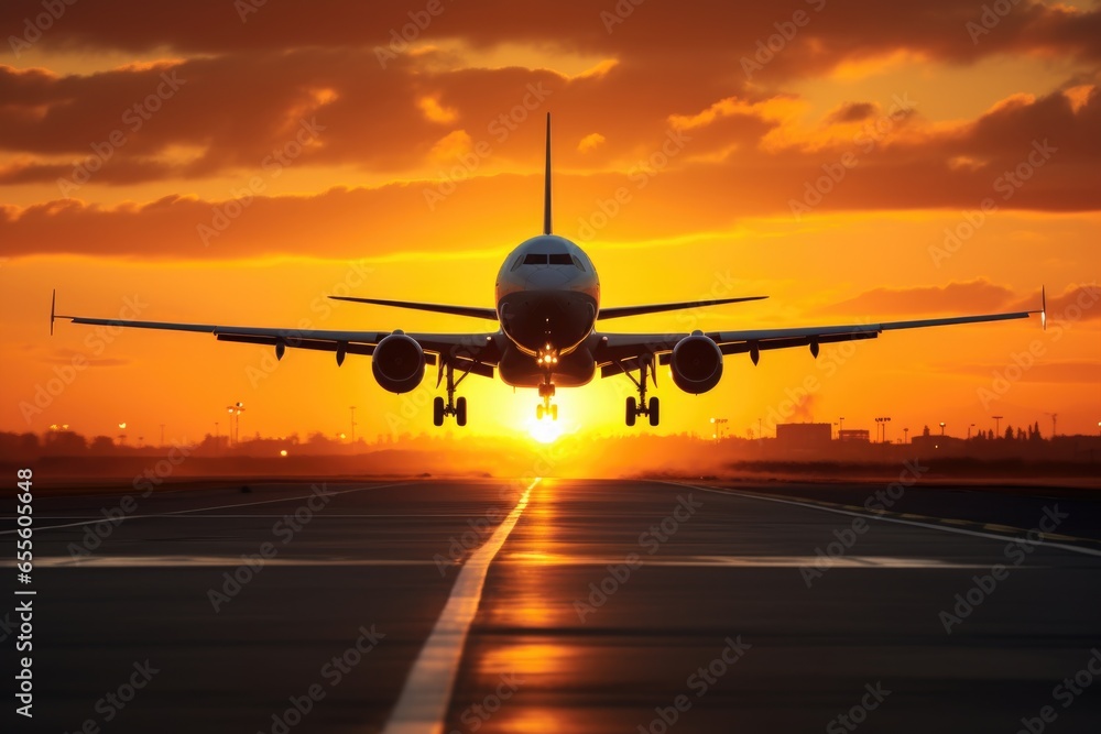 Obraz premium jet plane landing just as sun rises, perfect timing