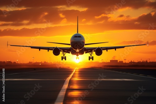 jet plane landing just as sun rises, perfect timing