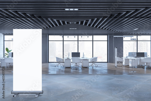 Modern coworking office interior with empty white mock up poster, furniture, wooden flooring, windows and city view. Empty room. 3D Rendering.