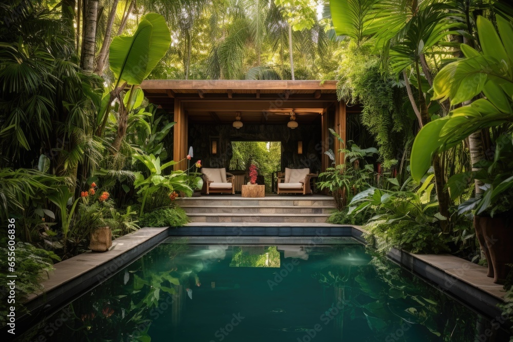 private pool surrounded by lush greenery