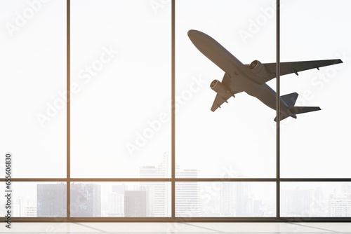 Contemporary airport interior with flying airplane seen through panoramic window with city view and daylight. Take off, travel and transportation concept. 3D Rendering.