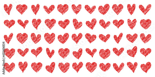 Set of red hearts of different shapes, doodle drawing, hatched