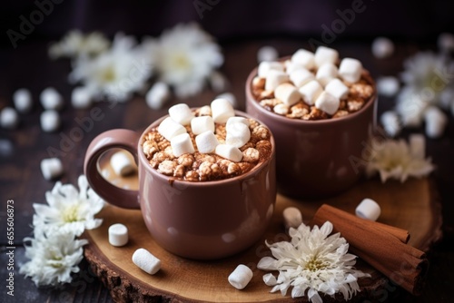 ceramic mugs filled with hot chocolate topped with marshmallows