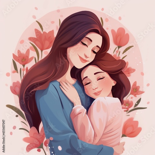 Happy Mother's Day greeting! A mother and daughter share a warm embrace, symbolizing the spirit of family holidays and togetherness. Vector illustration design.