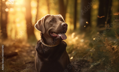 Chocolate Labrador retriever dog in the forest at sunset. Dog with a smile with tongue  very happy face close-up.