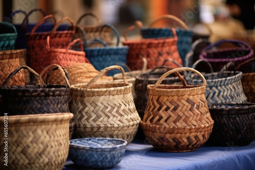 detailed hand woven baskets stacked for sale