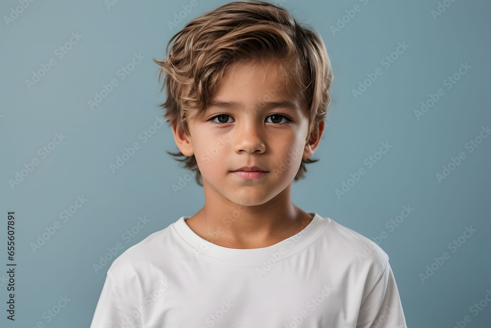 Male child, boy wearing bella canvas white shirt mockup, at blue background. Design tshirt template, print presentation mock-up - obrazy, fototapety, plakaty 