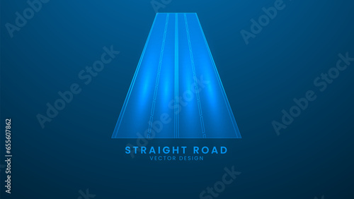 Straight road with white markings. Asphalt road highway. Vector illustration with light effect and neon