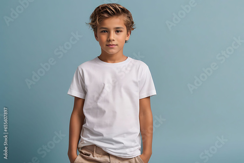 Male child, boy wearing bella canvas white shirt mockup, at blue background. Design tshirt template, print presentation mock-up