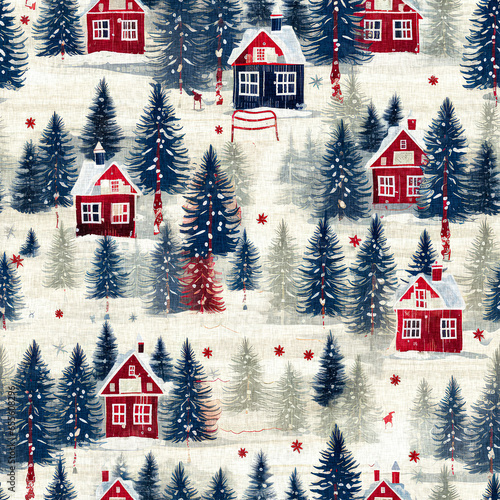 Rustic country christmas cottage with primitive hand sewing fabric effect. Cozy nostalgic shabby chic homespun americana winter handmade crafts style seamless pattern.