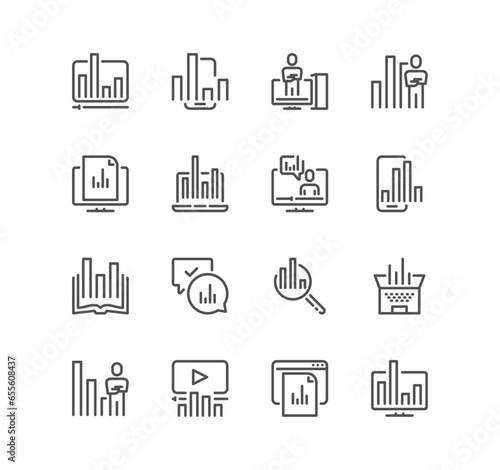 Set of graph related icons, chart, graphic, statistics, column chart, analysis, infographic, analytic and linear variety vectors.