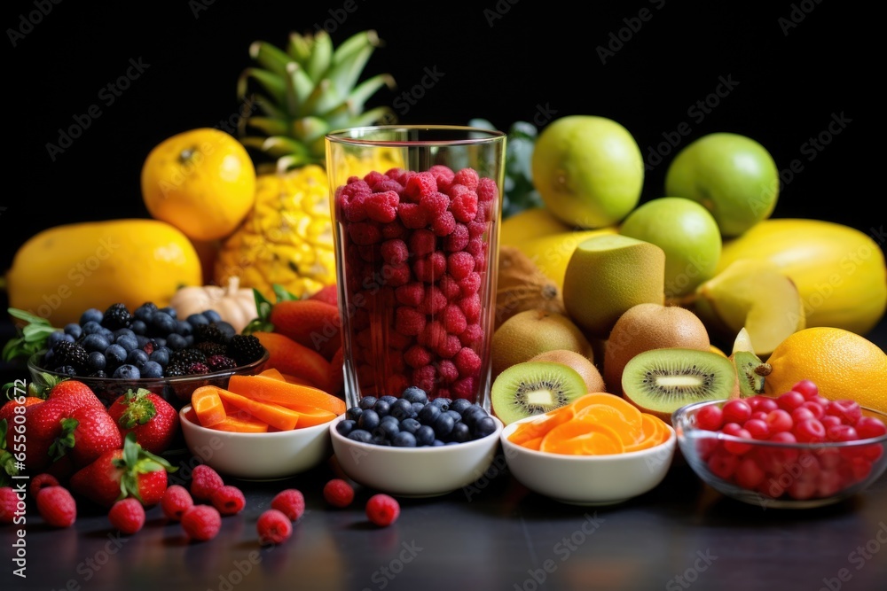 fresh fruits beside a blender fresh fruits beside a blender