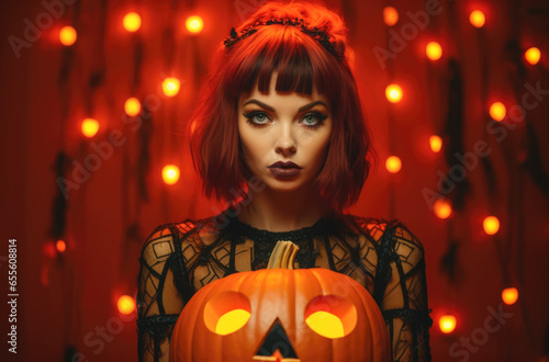 Halloween woman holding a carved pumpkin in a spooky halloween outfit.