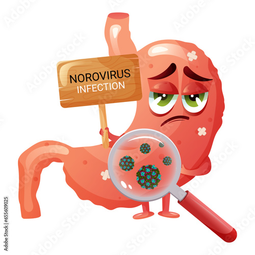Sick sad stomach cartoon character with nameplate and noroviruses under magnifying glass
