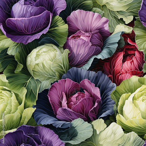 Seamless pattern with forks of cabbage in variety of colours