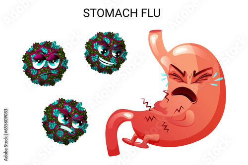 Sick crying stomach cartoon character with angry noroviruses