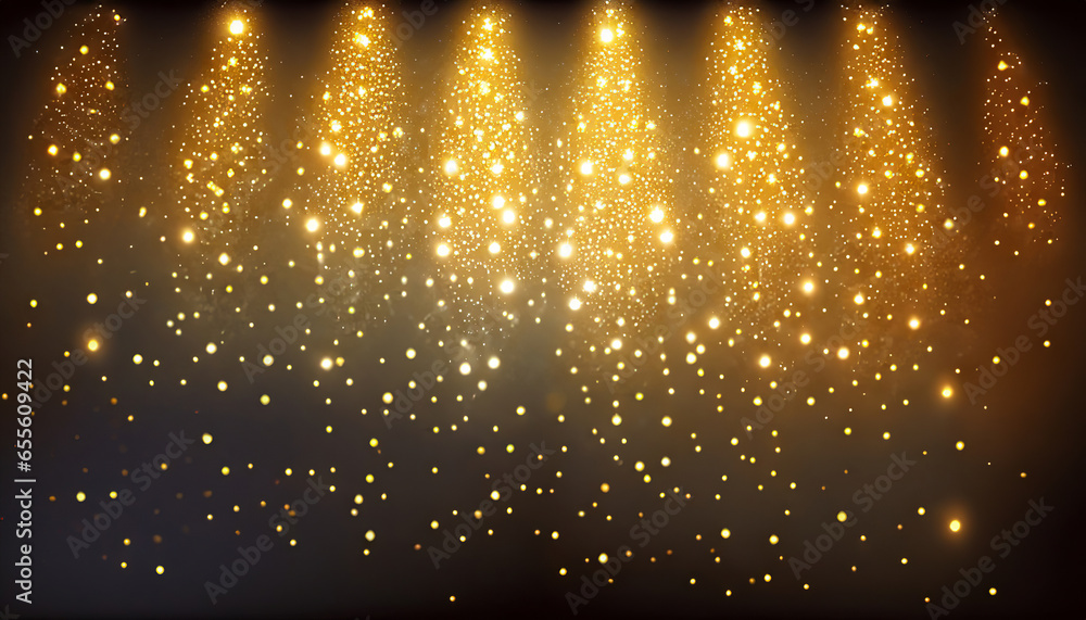 Sparkling Retro Lights Background in Dark Gold and Black, Cascading gold sparkles, brighter at the top and fading towards the bottom - obrazy, fototapety, plakaty 