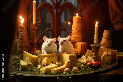 mice sharing cheese on a single small plate in a cage