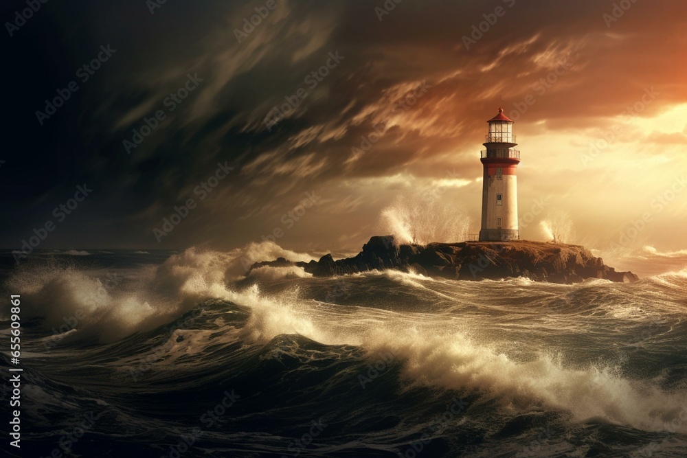 Stormy landscape with abstract lighthouse representing climate change. Generative AI