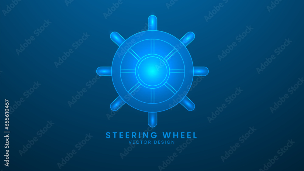 Steering wheel marine. Rudder or Boat Steering Wheel. Vector illustration with light effect and neon