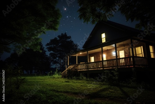 a rural house with dimmed light and fireflies hovering around © Alfazet Chronicles