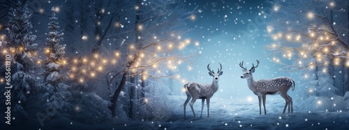 christmas background with fawns in the snow