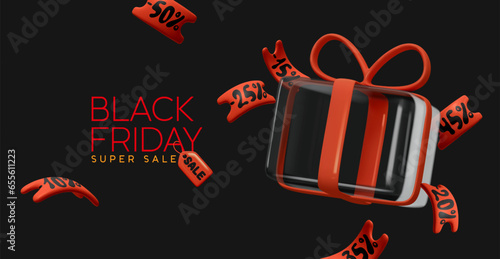 Black Friday sale. Transparent glass gift box with flying discount red coupons on the dark background. Realistic 3d design in plastic style. Vector illustration