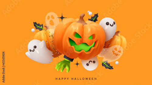 Happy Halloween day. Orange pumpkin scary face smile jack o, with a white funny ghost. Halloween its scary party background. Realistic 3d design in plastic style. Vector illustration
